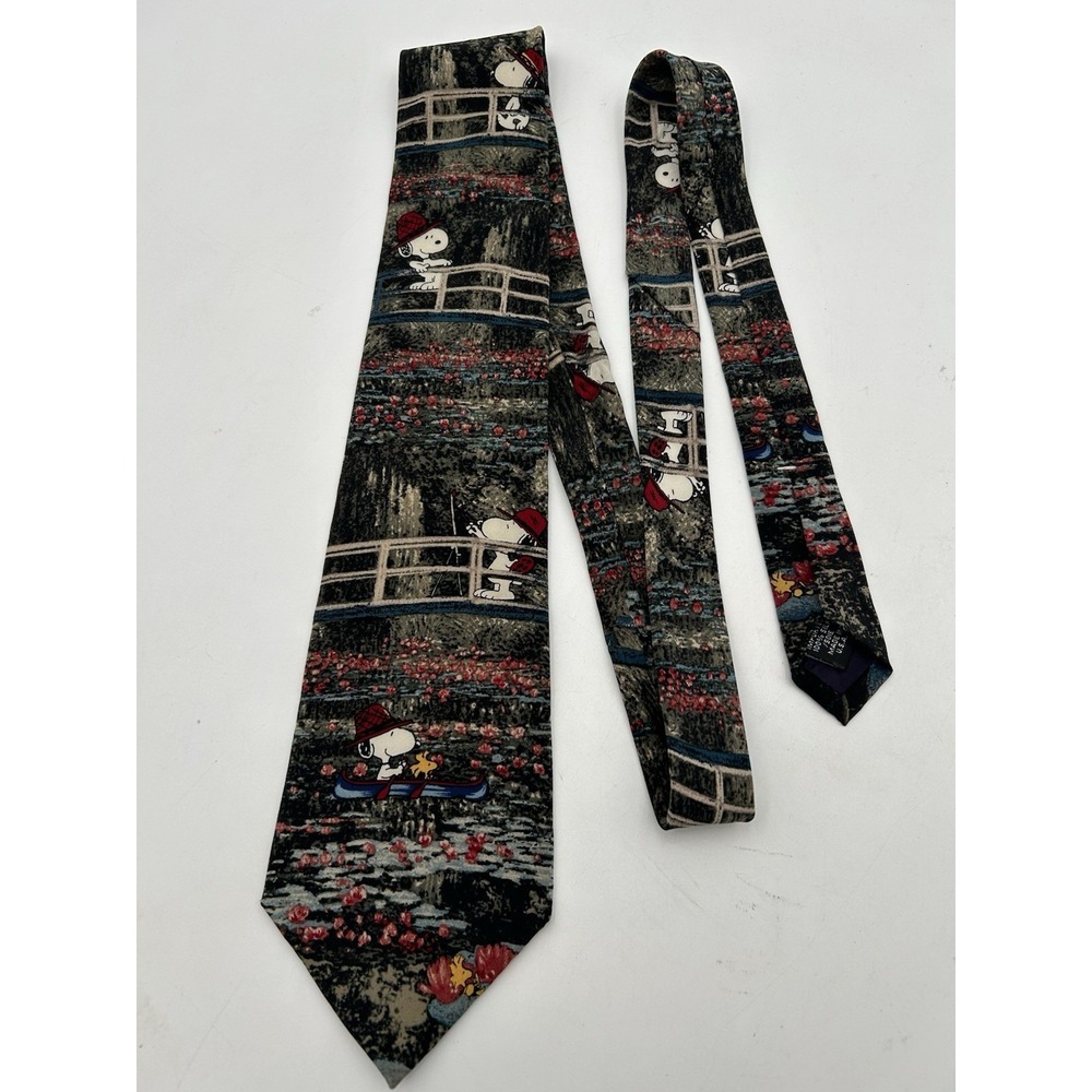 VTG Peanuts Silk Neck Tie Snoopy In Monets Garden Woodstock  Canoe Park Ranger